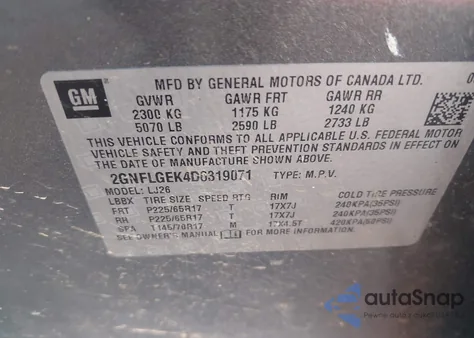 2013 Chevrolet Equinox Ltz z USA, uszkodzony, nr VIN 2GNFLGEK4D6319071